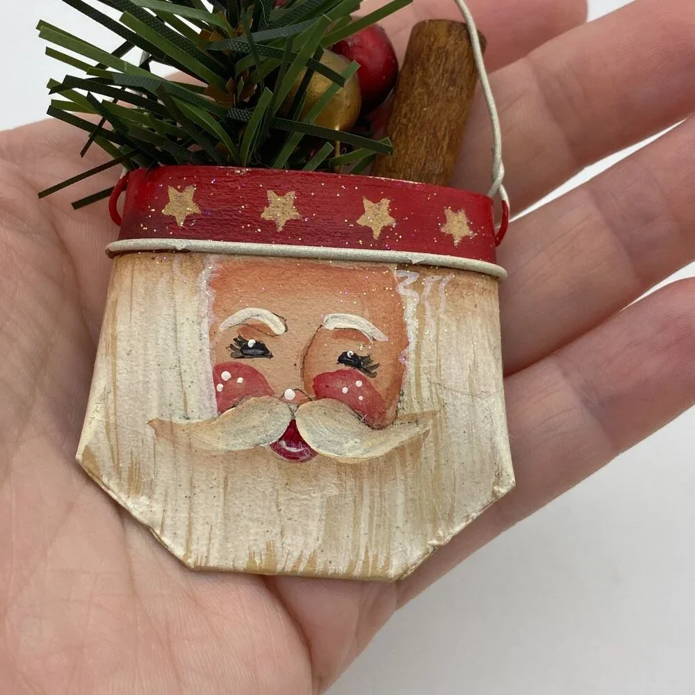 Hand‎ painted Santa Claus Christmas tree ornaments paint brush metal pocket